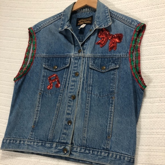 Eddie Bauer Denim Vest‎ Christmas Holiday Plaid Sequin Embellished Women's M - Picture 1 of 4